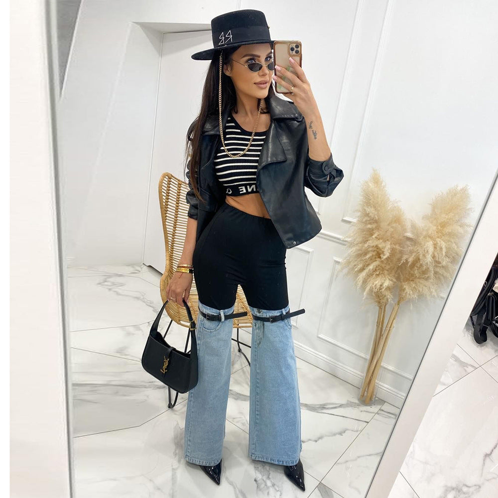 Denim Stitching Elastic Slim Flare 3 Piece Pants