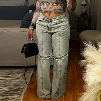 Washed Tassel Buttoned Straight Long Denim Pants