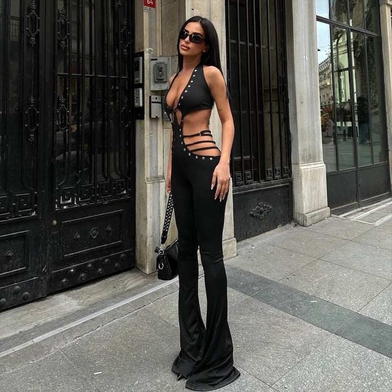 Lace Up Backless Flared Wide Leg Jumpsuit