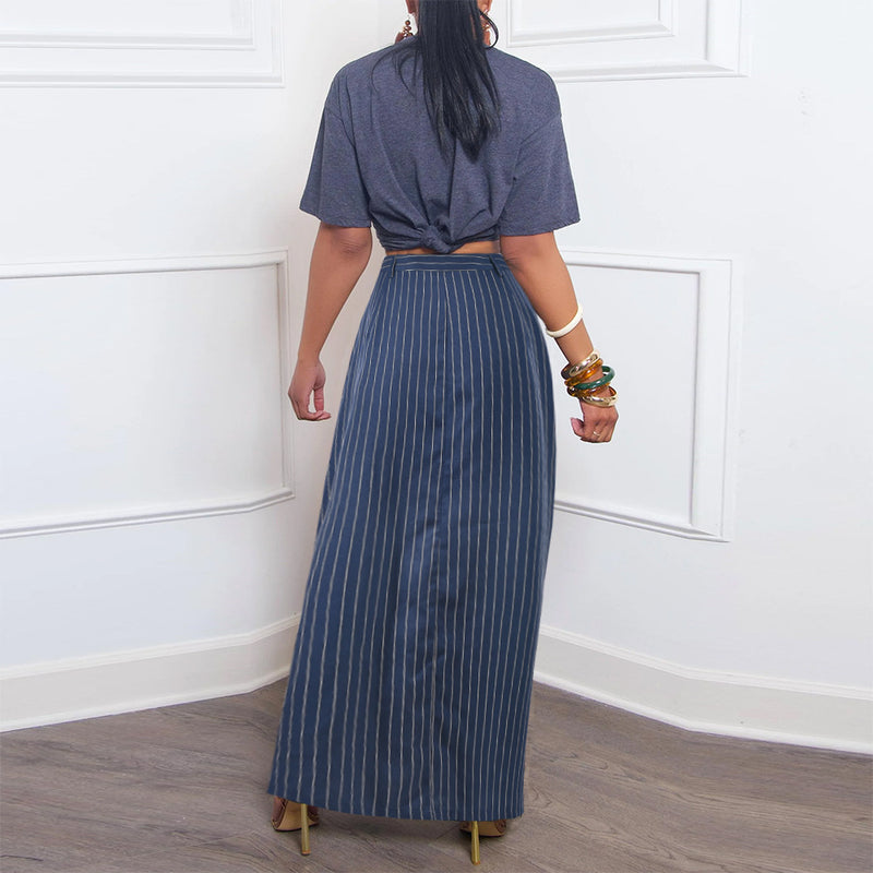 Striped Back Waist Side Silt Cotton Maxi Skirt