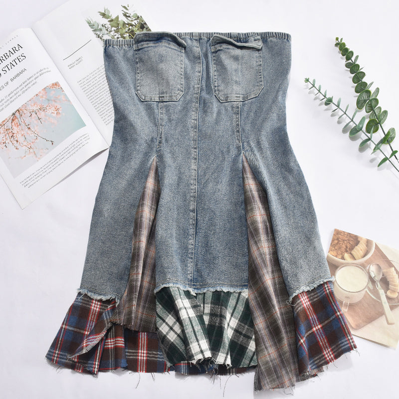 Off Shoulder Wrap Chest Plaid Fake Pocket Denim Dress