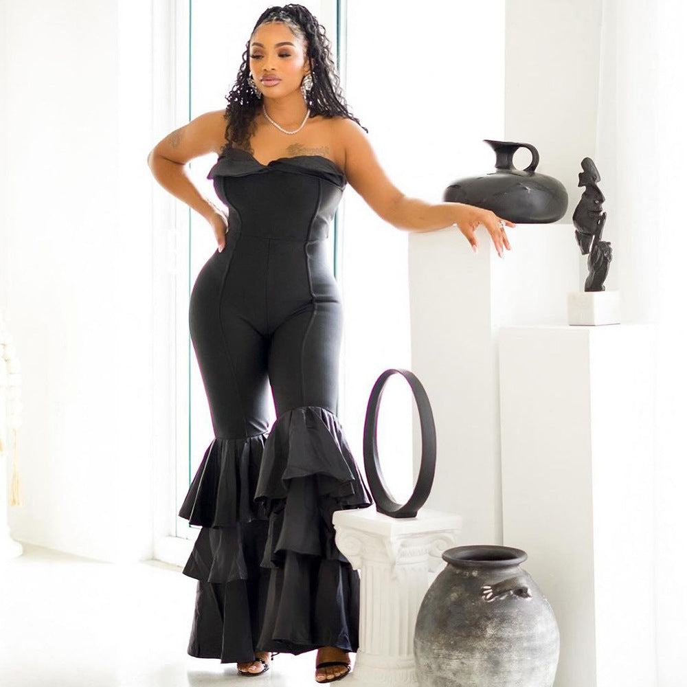 Off Shoulder Wrapped Big Horn Wide Leg Jumpsuit