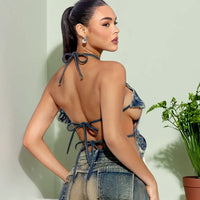 Halter Neck Lace Up Star Pattern Denim Top