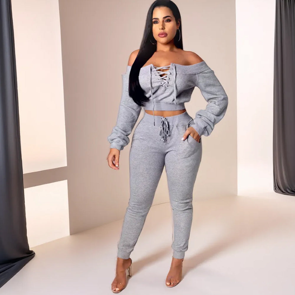 Off Shoulder Eyelet Tied Work Out Casual Pants Suit