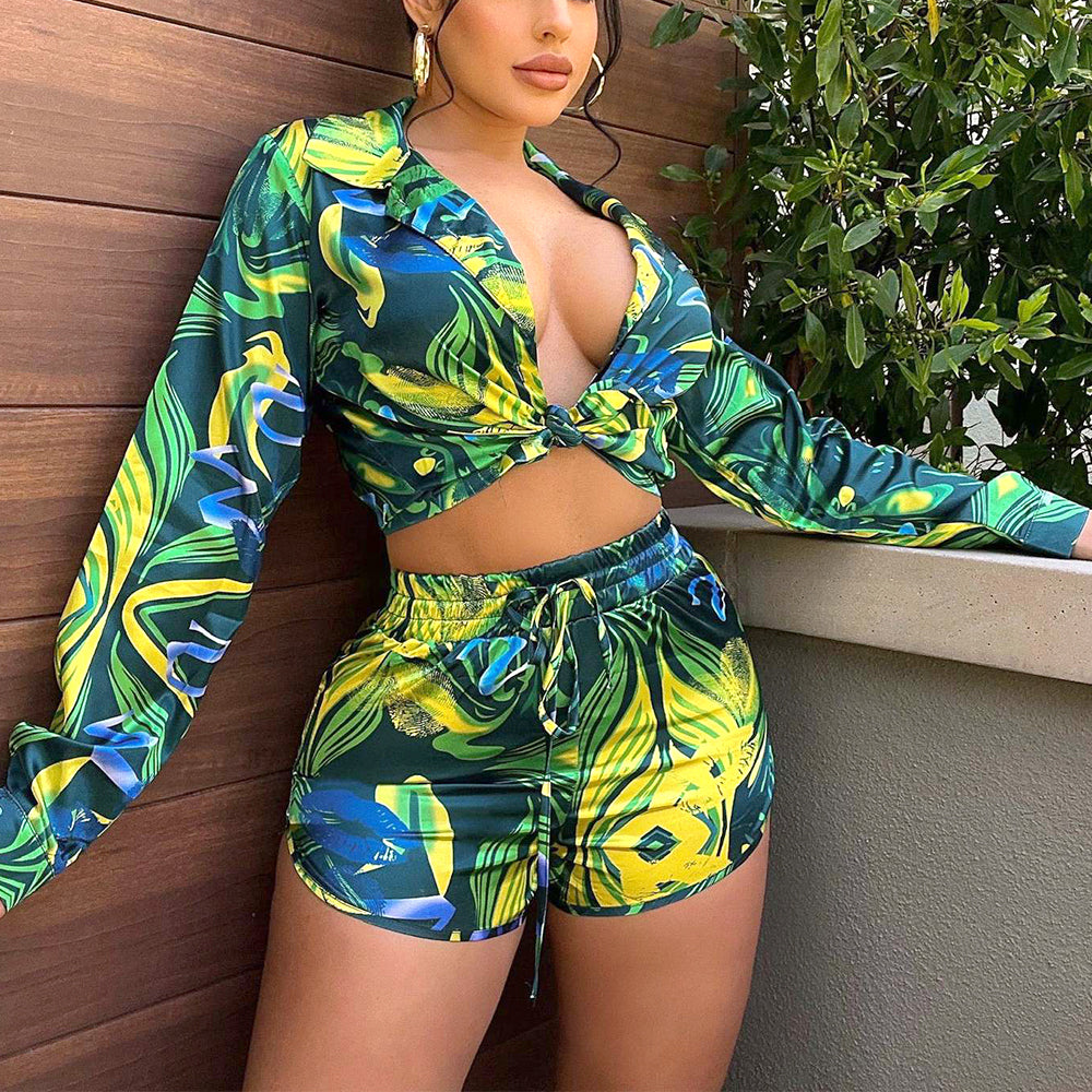 Long Sleeve Printed Multi Color Casual Shorts Suit