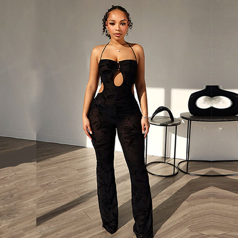 Summer Halter Neck Backless Mesh Slim Fit Jumpsuit