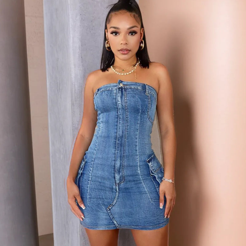 Tube Top Washed Button Stretch Denim Dress