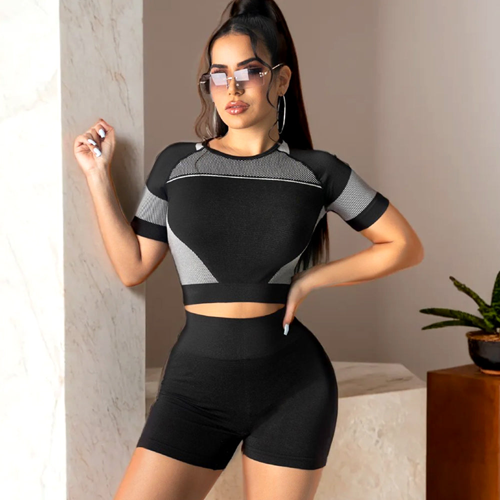 Mesh Pointed Short Sleeve Work Out Shorts Suit