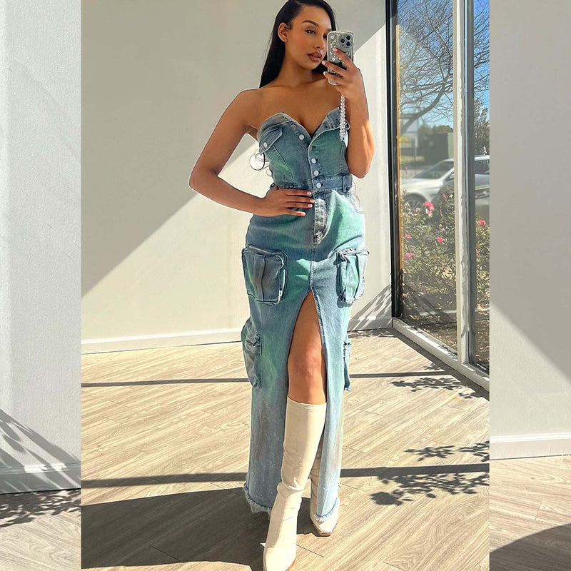 Sexy Tube Top Off Shoulder Tie Dyed Denim Dress