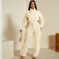 Long Sleeve Knitted High Collar Tassel Pants Suit