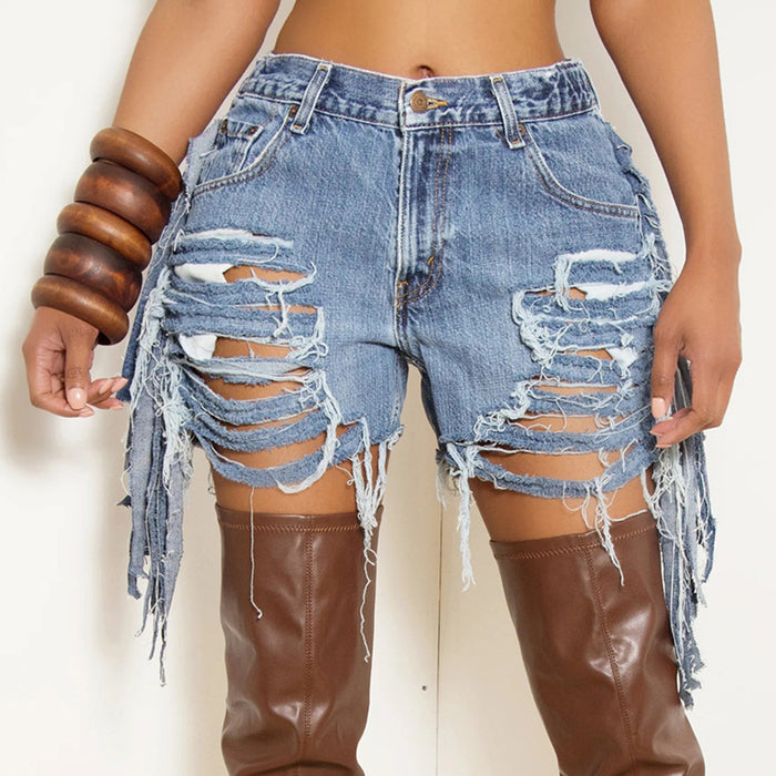 Washed High Waist Tassel Denim Shorts