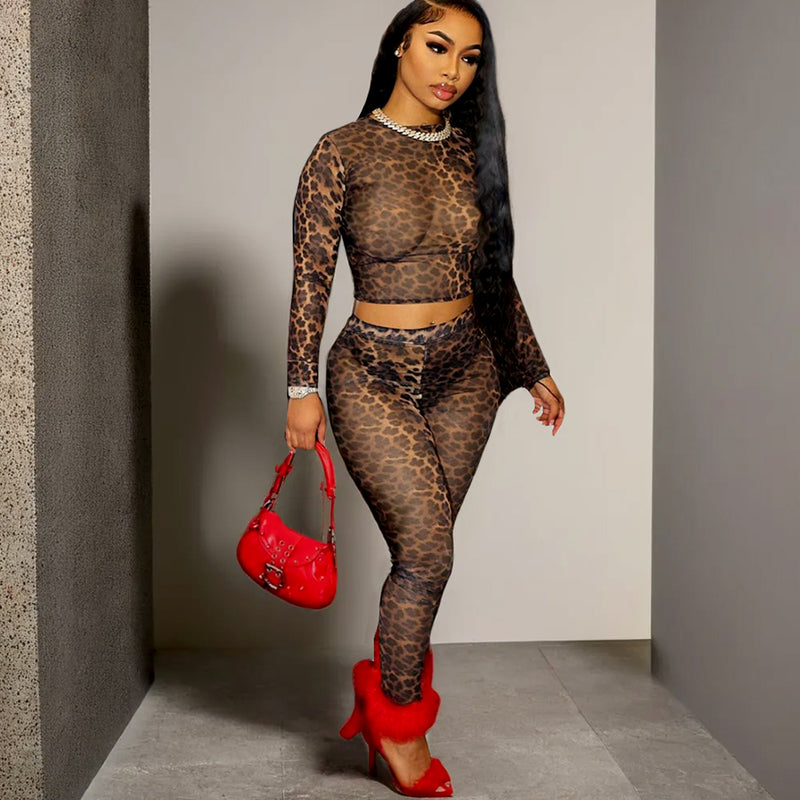 Long Sleeve Leopard Print Mesh Sexy Pants Suit