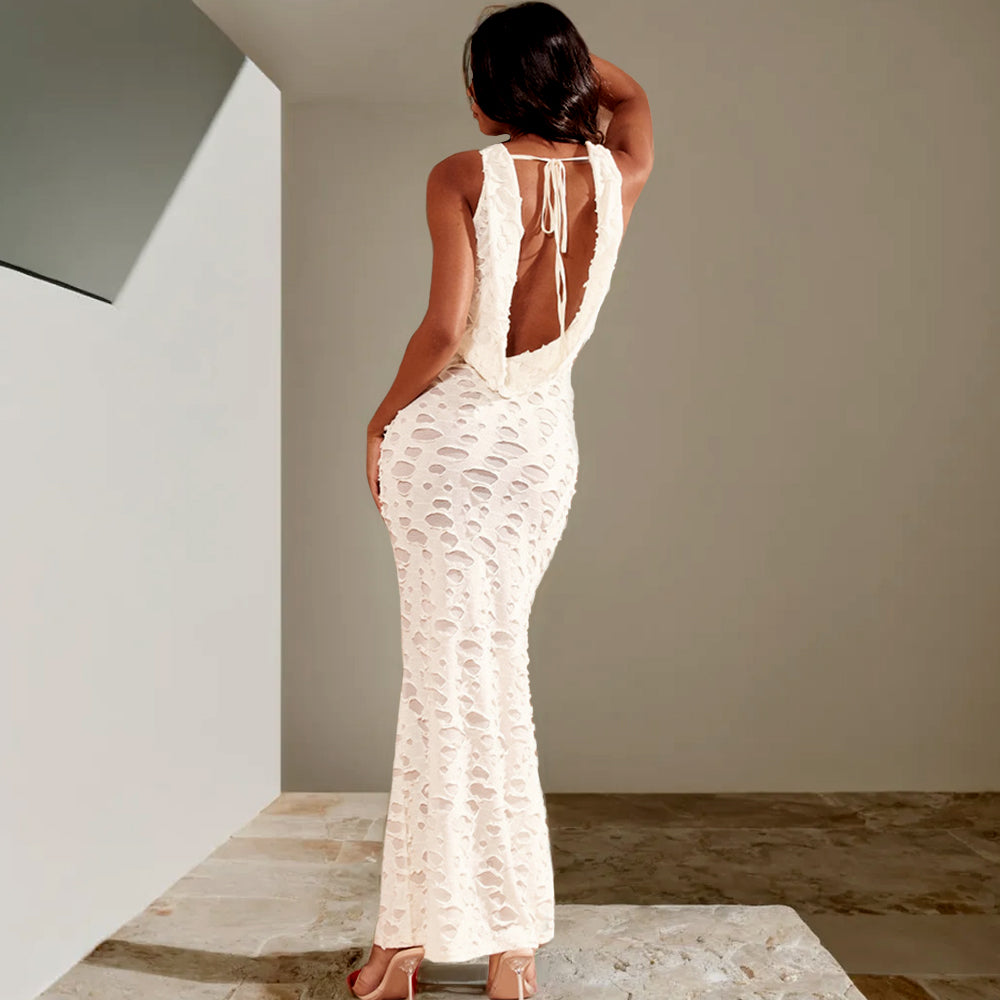 Textured Mesh Lace Up Backless Maxi Dress