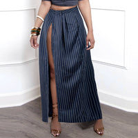 Striped Back Waist Side Silt Cotton Maxi Skirt