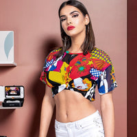 Short Sleeve Multi Printed Tied Hem Crop Top