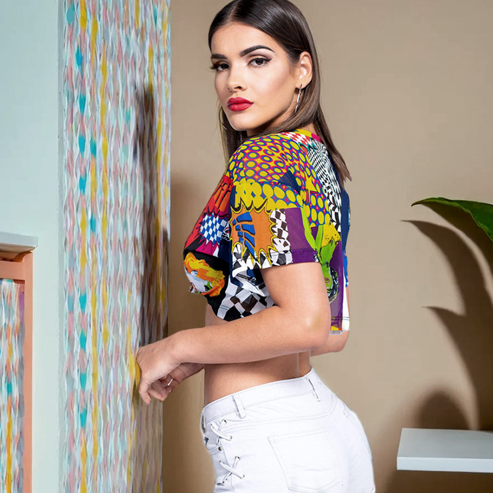 Short Sleeve Multi Printed Tied Hem Crop Top