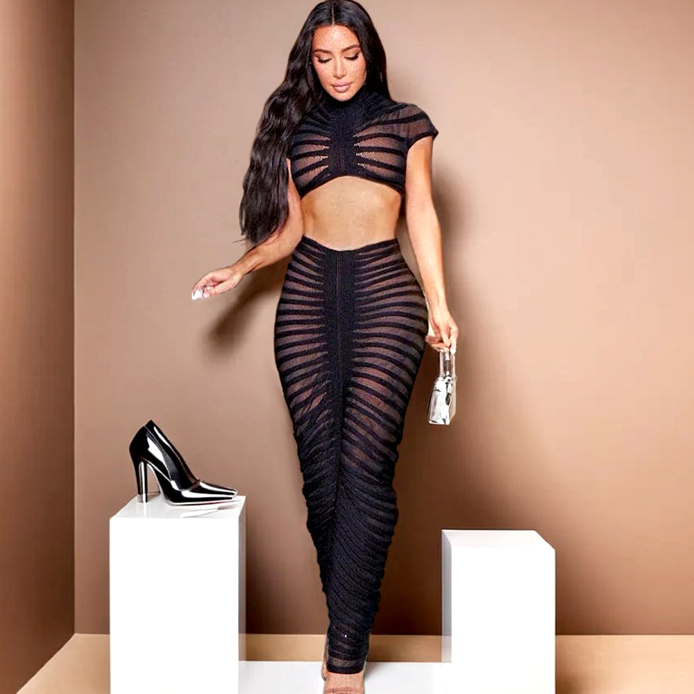 Stripe See Through Nightclub Maxi Skirt Suit