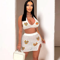 Jacquard Hollow Knitted Bikini Top Short Beach Skirt Suit