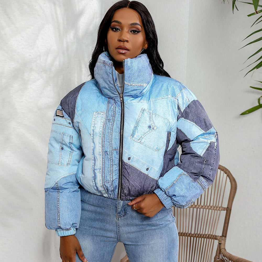 Denim Print Long Sleeve Padded Bubble Jacket