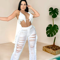 Womens Bra Top Tassel Ripped Knitted Pants Set