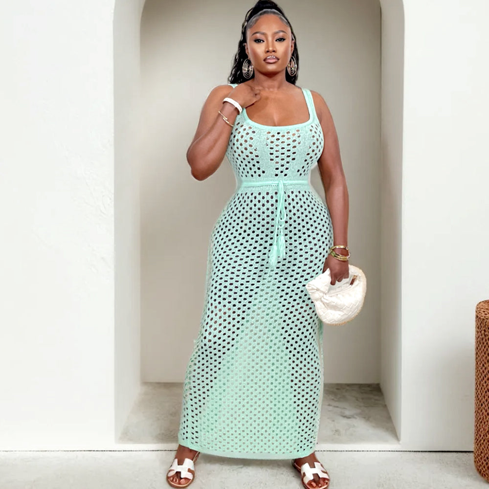 Sleeveless Tie Mesh Knitted Beach Maxi Skirt Suit