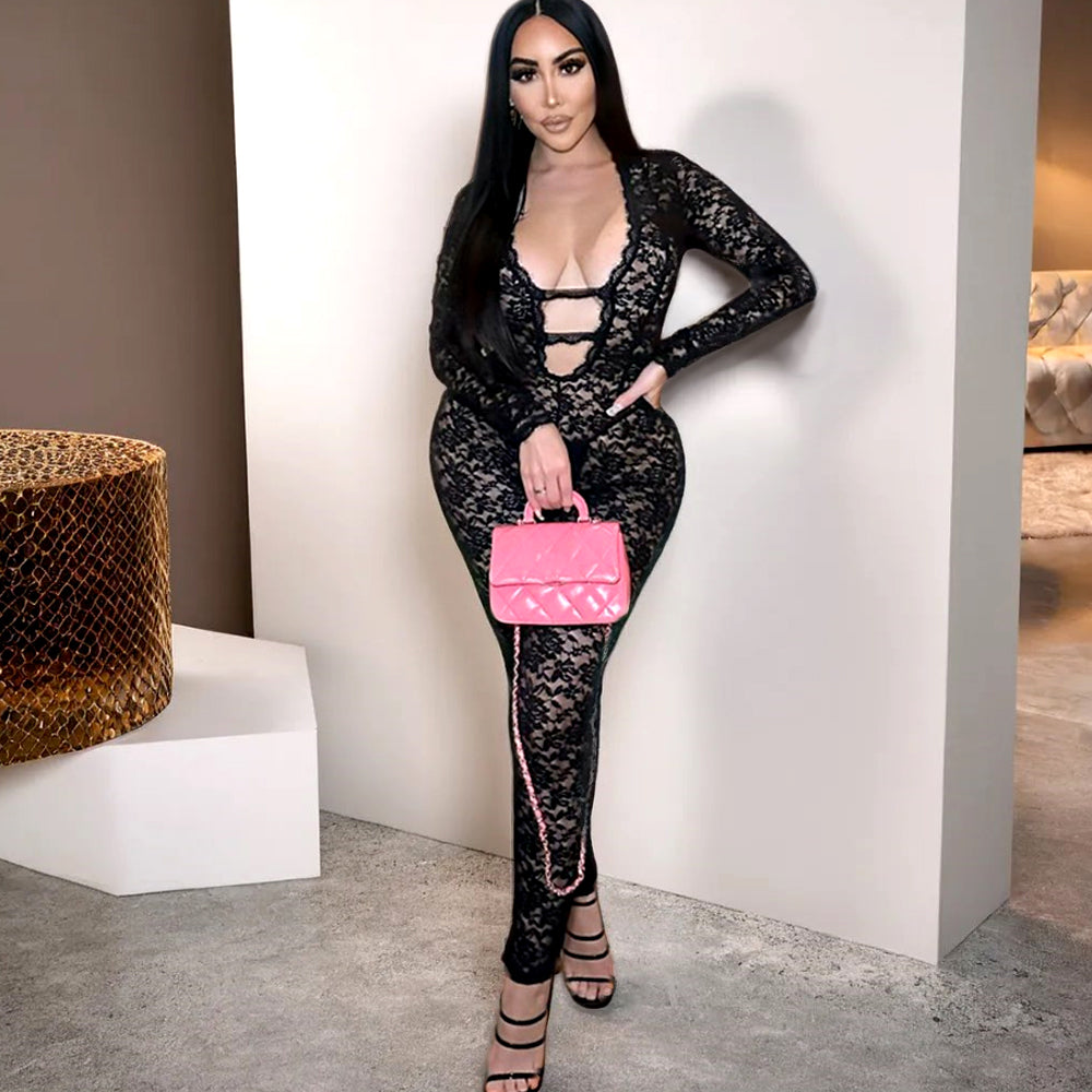 Womens Lace Mesh Nightclub Jumpsuit