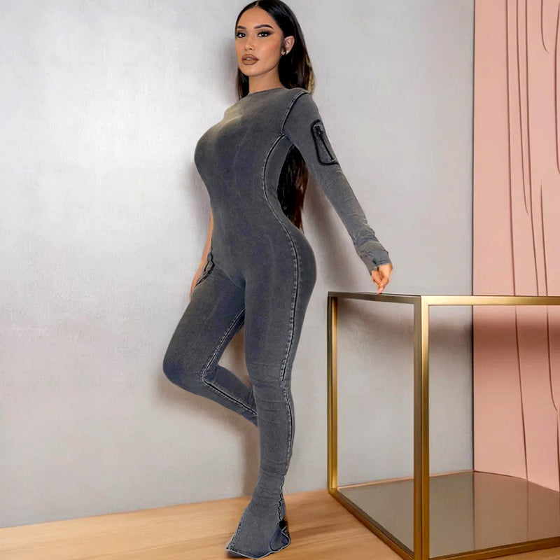 One Long Sleeve Round Neck Slim Fit Jumpsuit