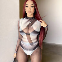 Womens Long Sleeve Mesh Printed Sexy Jumpsuit