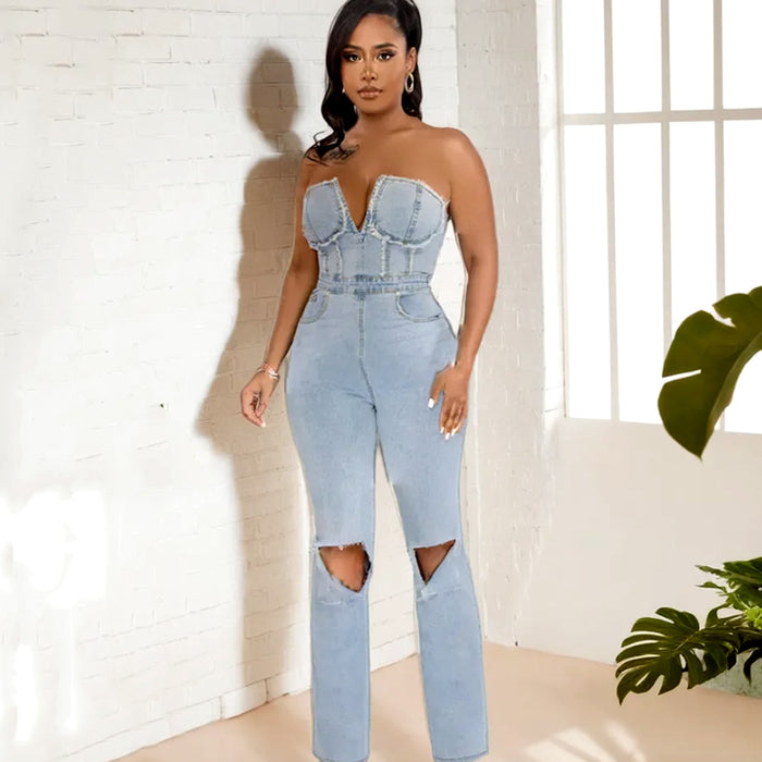 Sexy Zipper Long Chest Wrapped Denim Jumpsuit