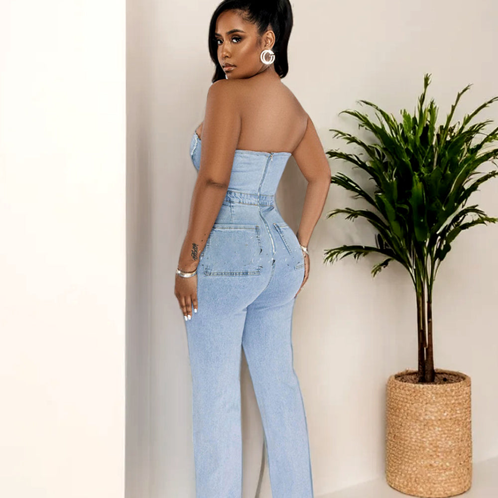 Sexy Zipper Long Chest Wrapped Denim Jumpsuit