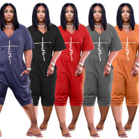 Women's Short Sleeve Lettering Over Fit Casual Jumpsuit