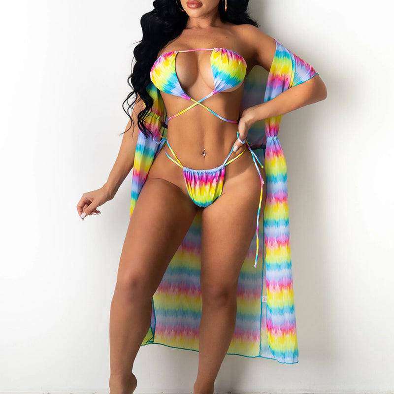 Sexy Printed Cape Bikini Split Swimsuit 3 Piece Set