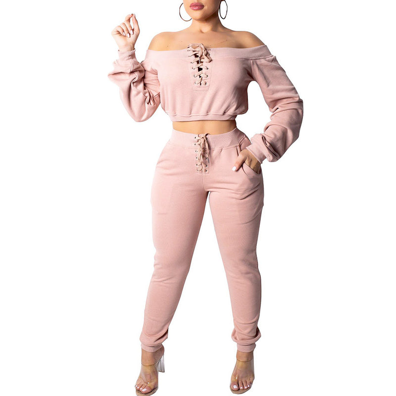 Off Shoulder Eyelet Tied Work Out Casual Pants Suit