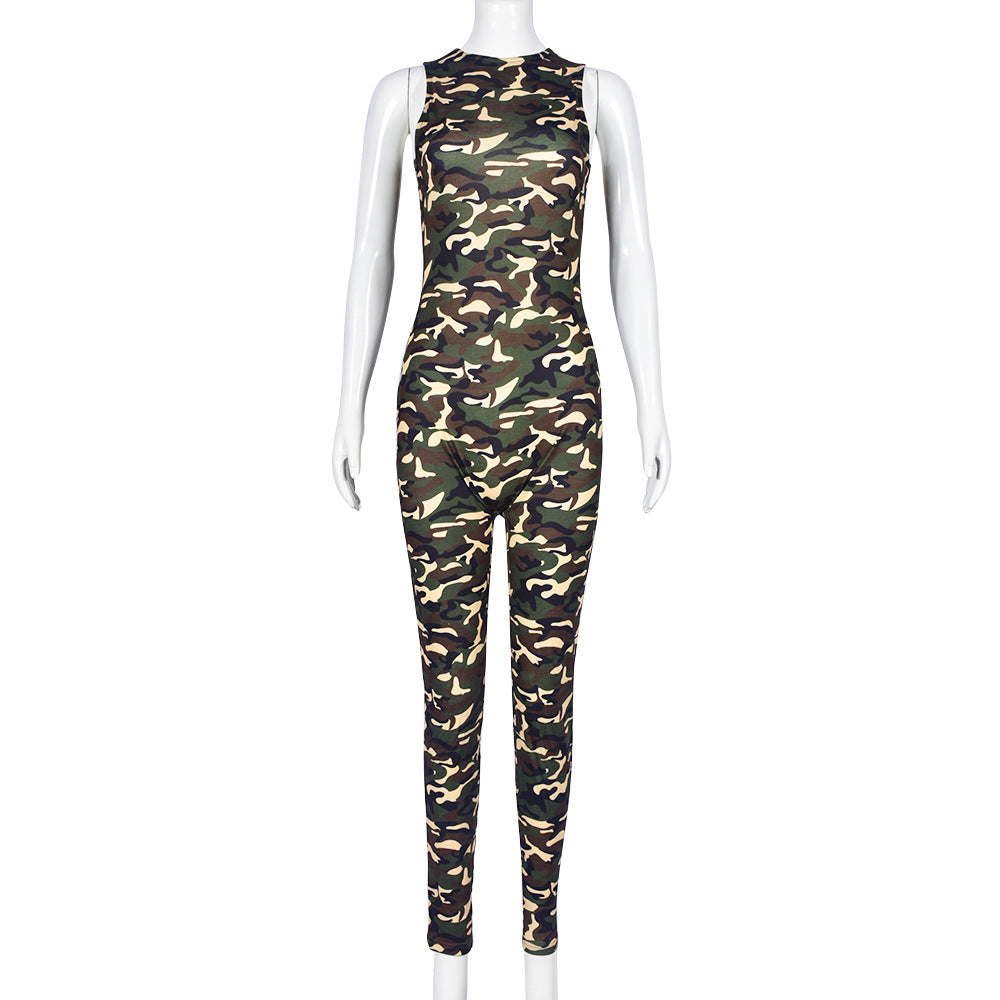 Military Printed Sleeveless Slim Fit Jumpsuit