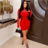 Long Sleeve Knitted Hollow Bodycon Midi Dress