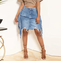 Tassel Tattered Washed Denim Casual Midi Skirt