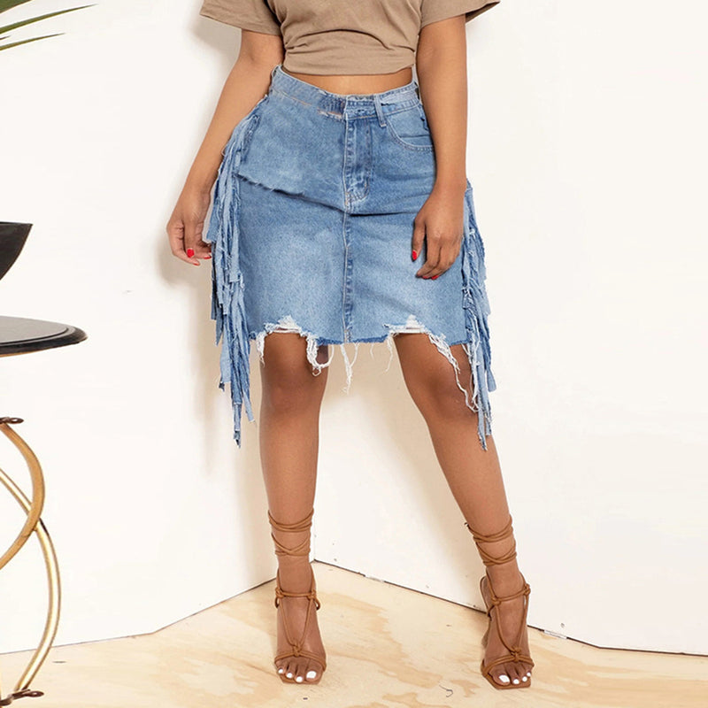 Tassel Tattered Washed Denim Casual Midi Skirt