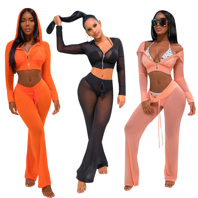 Long Sleeve Crop Zip Up Hoodie Wide Beach Pants Suit