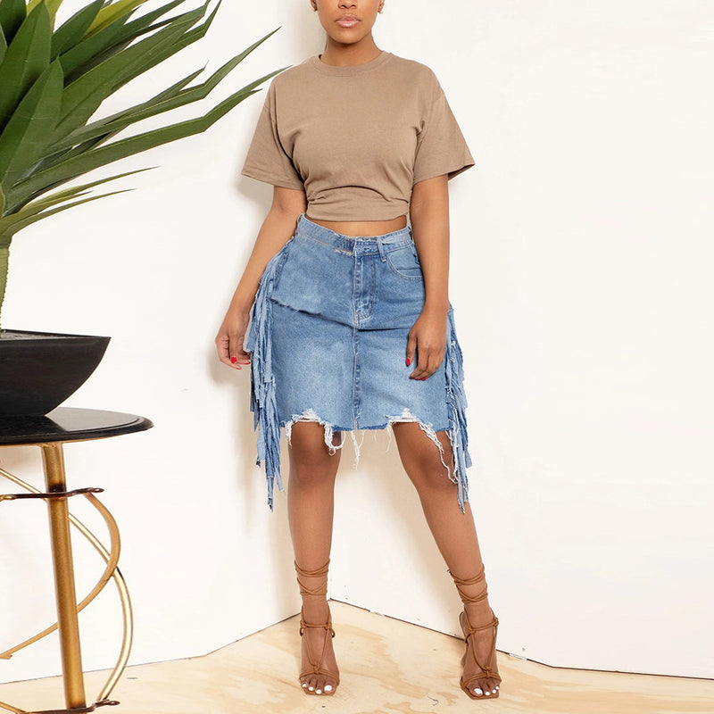 Tassel Tattered Washed Denim Casual Midi Skirt