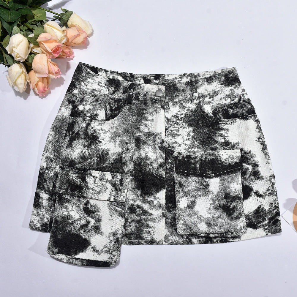 Multi Pockets Tie Dyed Street Mini Skirt