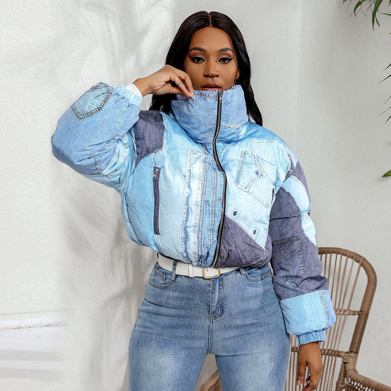 Denim Print Long Sleeve Padded Bubble Jacket