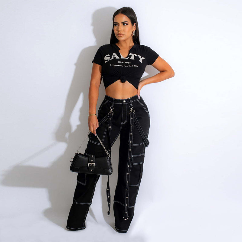 sling Loose Fit Buckled Tied Hip Hop Casual Denim Pants