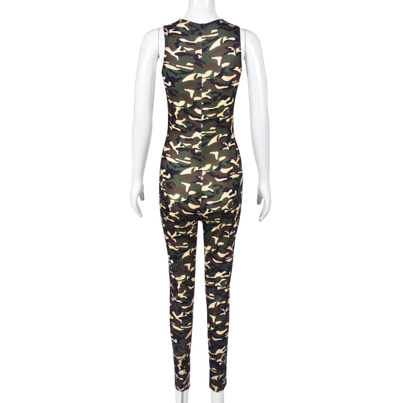 Military Printed Sleeveless Slim Fit Jumpsuit