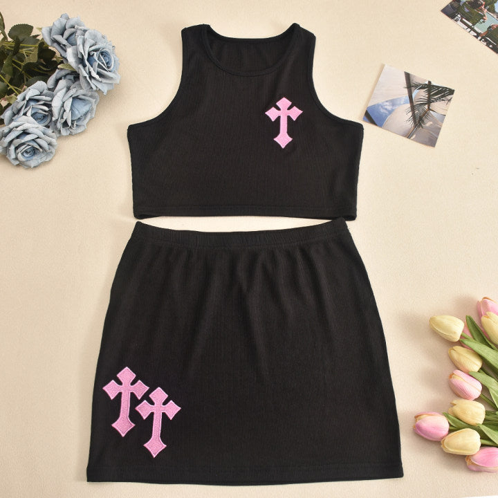 Pink Cross Embroidery Basic Top Mini Skirt Suit