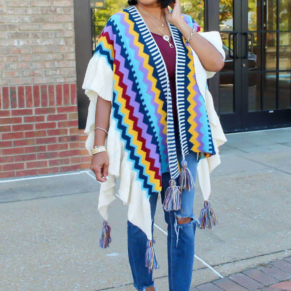 Geometric Knitted Hand Hook Tassel Cardigan