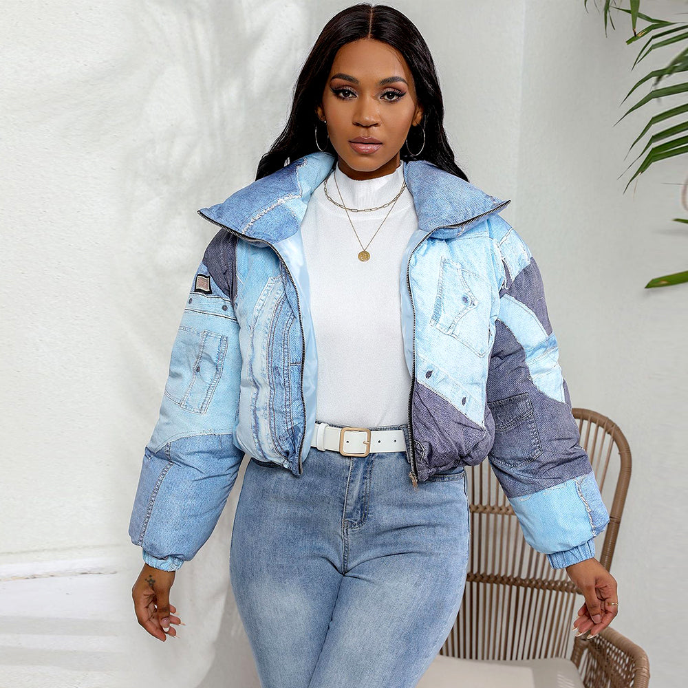 Denim Print Long Sleeve Padded Bubble Jacket