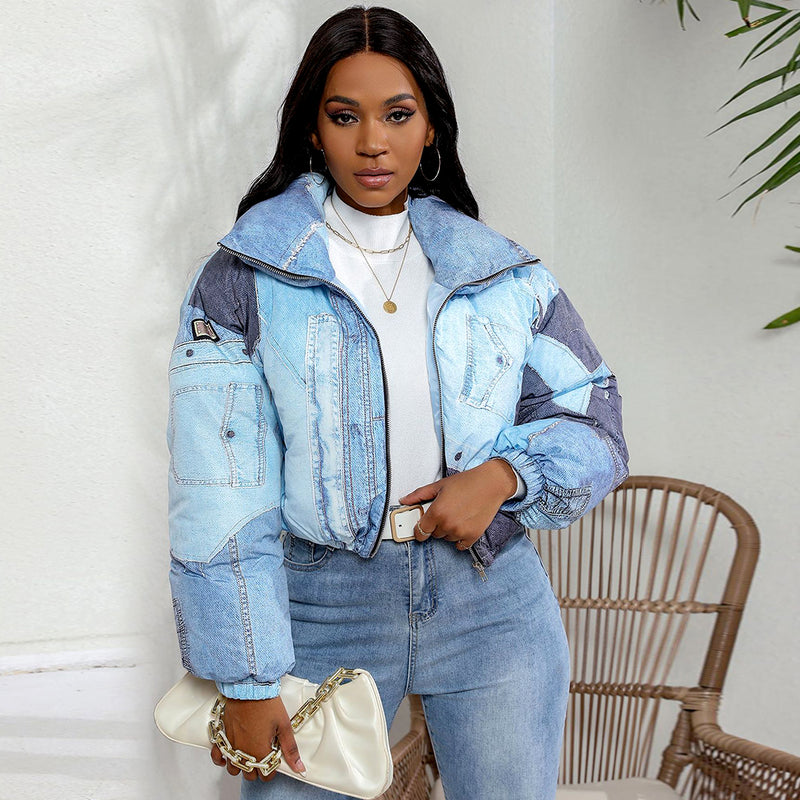 Denim Print Long Sleeve Padded Bubble Jacket