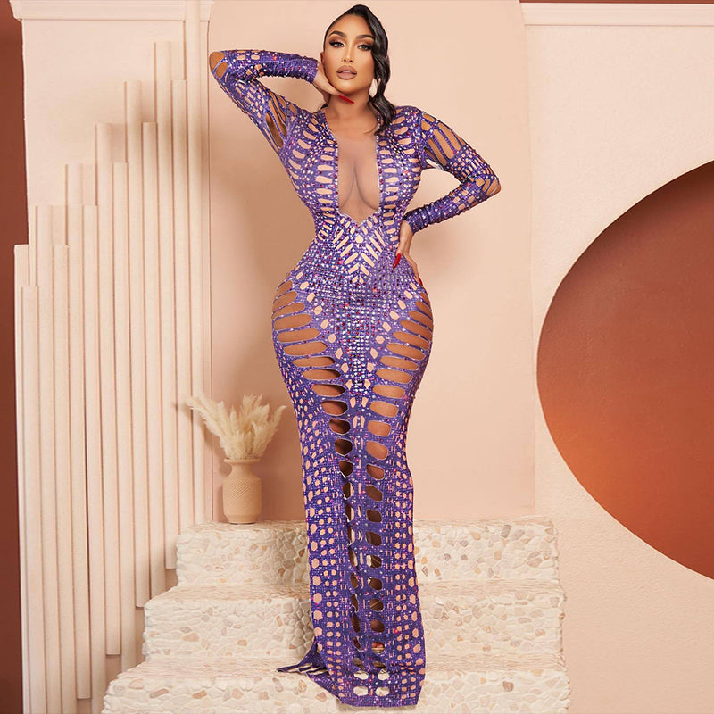 Long Sleeve Ripped Cut Out Diamond Print Jumpsuit