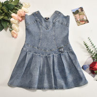 Strapless Pleated V Neck French Denim Dress