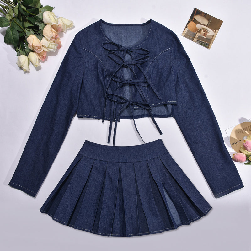 Denim Tied Sexy Top Zipper Pleated Skirt Suit